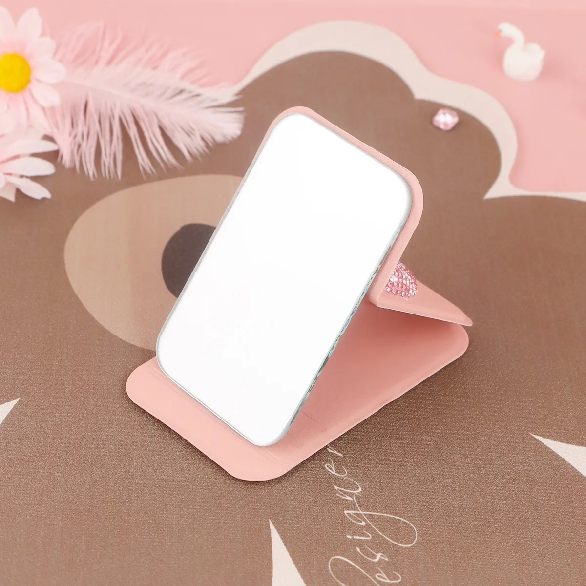 Bling Rhinestone Portable Handheld Mini Makeup Mirror Dormitory Office Adjustable Folding Student Cute Pocket Mirror Love gift