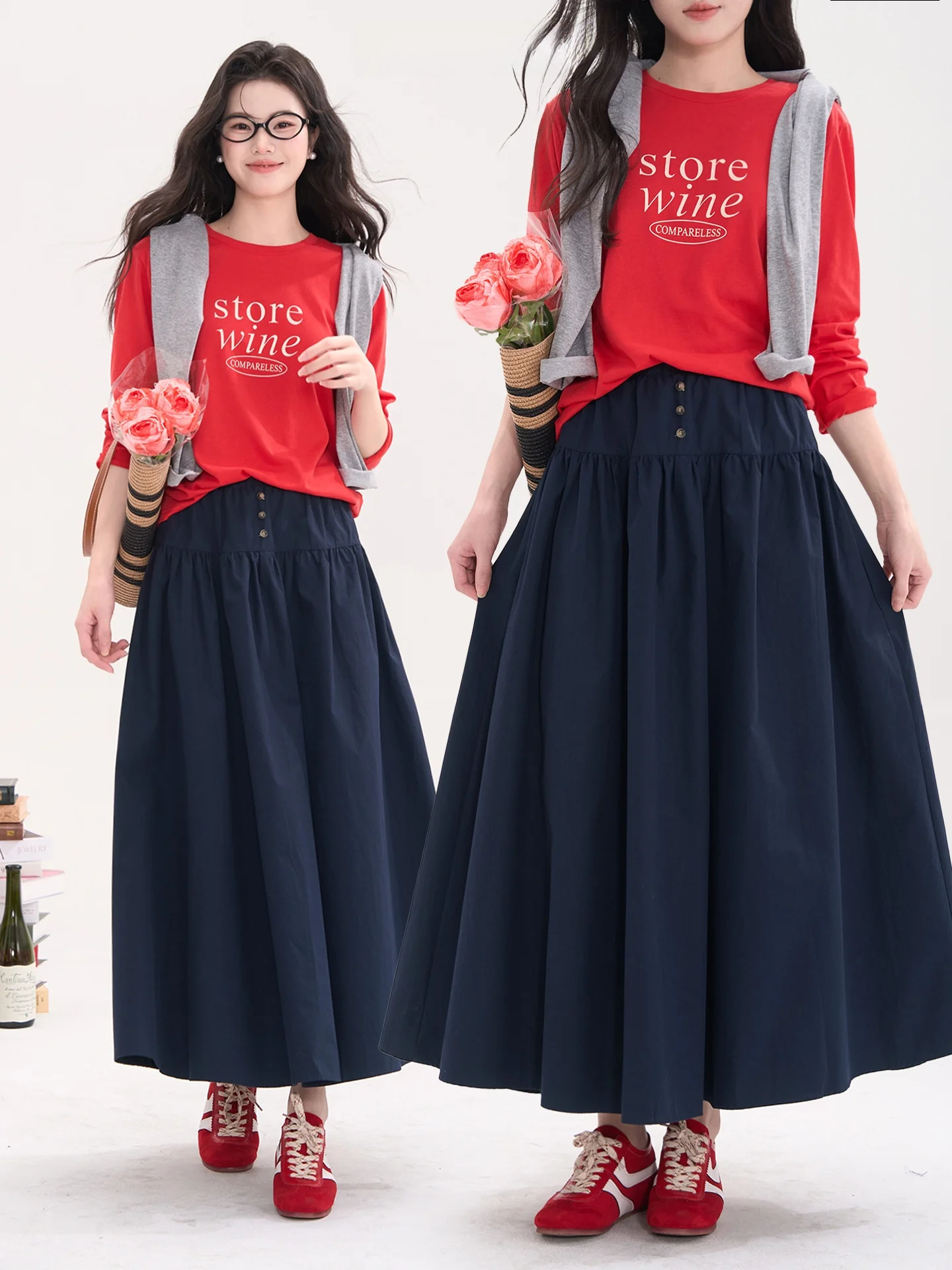 

Heme Gentle Retro Tee-Button High-Waist f Skirt Women's Versatile High Waist Long Skirt Floral Field Window Cotton Blend