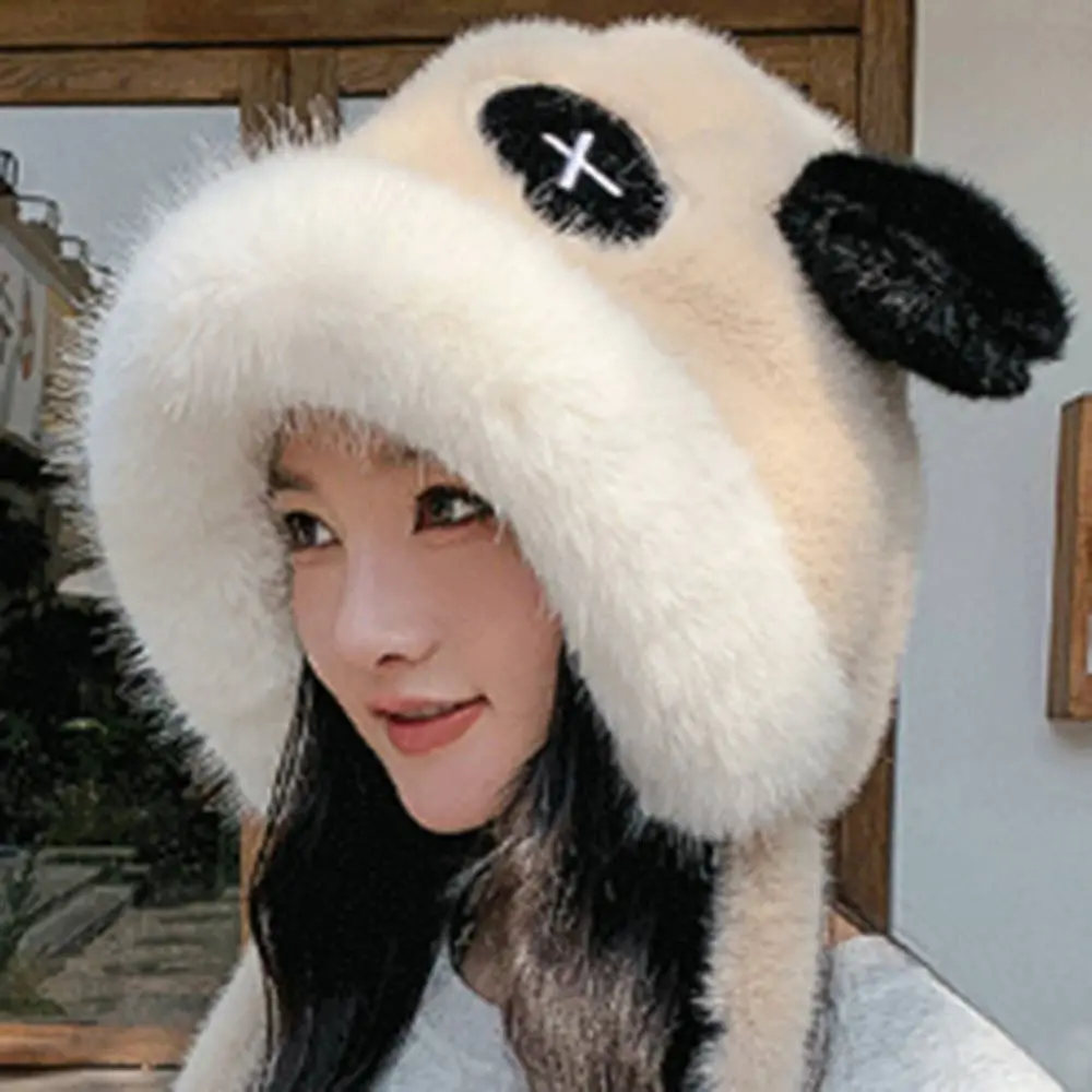 Fashion Plush Panda Ear Hat Windproof Thickened Bucket Hat Winter Warm Bomber Ha for Woman Girls