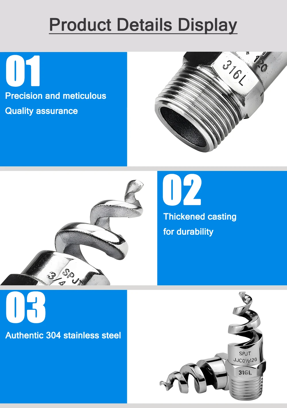 SPJT 304 316L Edelstahl Spiral-Sprühdüse 1/4" 3/8" 1/2" 3/4" 1" 1,2" 1,5" 2" Anti-Verstopfungs-Düse für Entschwefelung, Staubentfernung, Kühlung und Reinigung – Detail 1