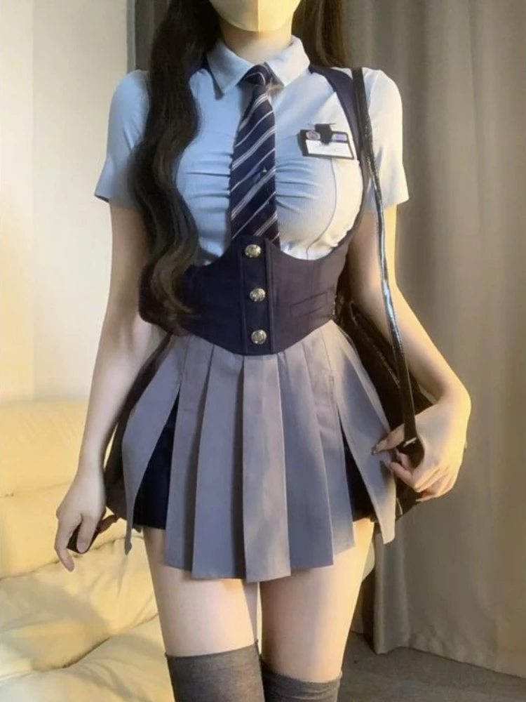 2023 Autumn College Style JK Uniform Set Slim Shirt with Striped Tie Y2K Girls High Waist A- Line Pleated Skirt Fashion Suit