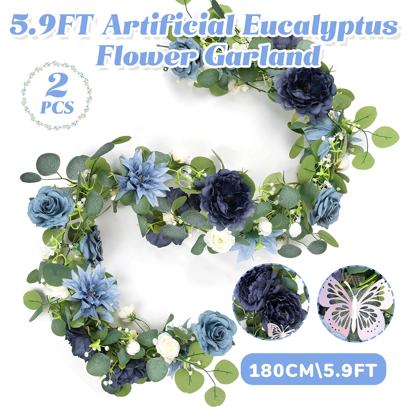2 Pack Artificial Eucalyptus Rose Garland 180cm with 24 Laser Cut 3D Butterflies Fake Vine for Home Wedding Arch Table Decor