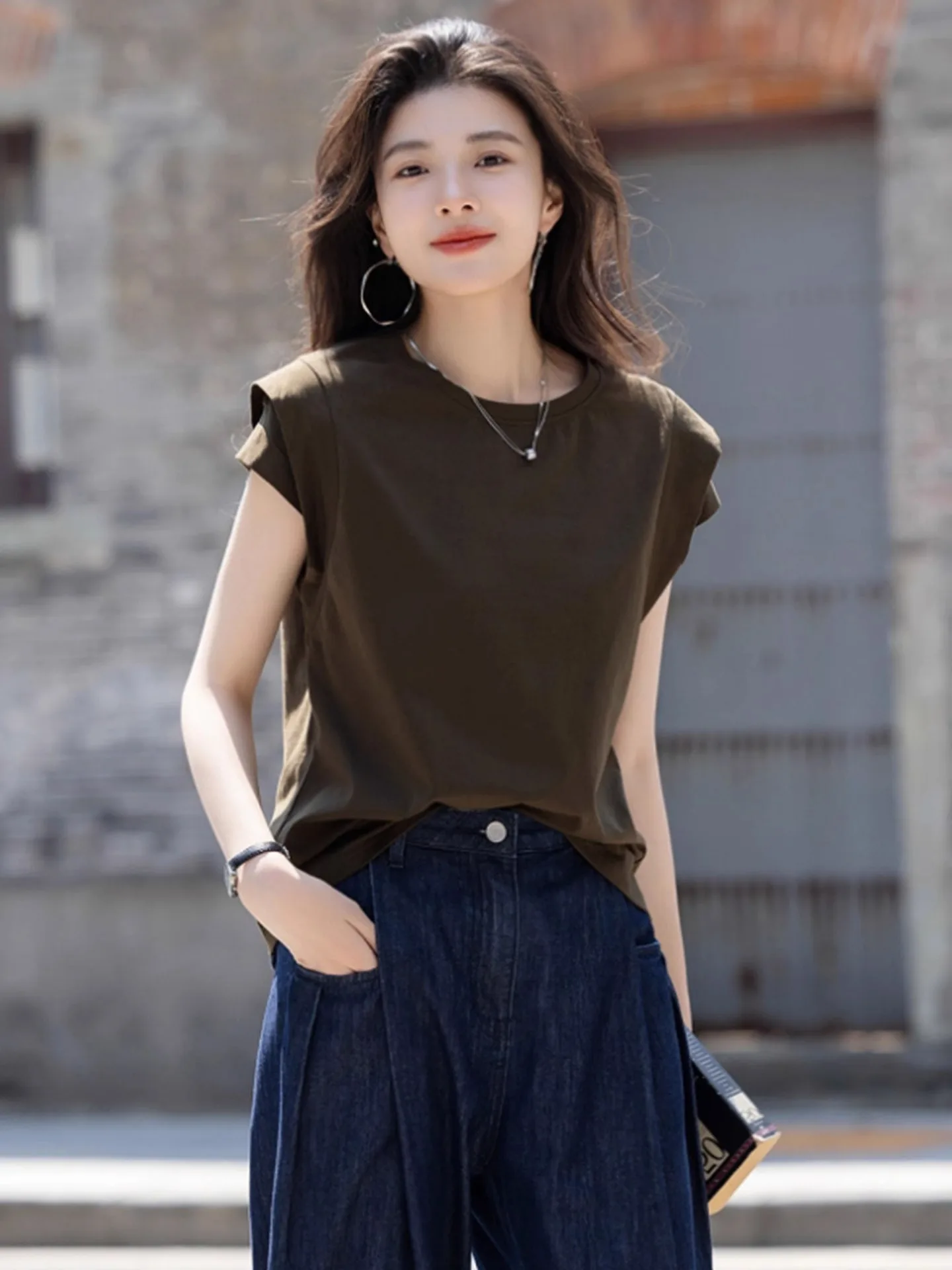 Ele puur katoenen T-shirt Koreaanse Sle ronde Ne ort Sve Base irt Faionable Design Pendelen Sle zomertop