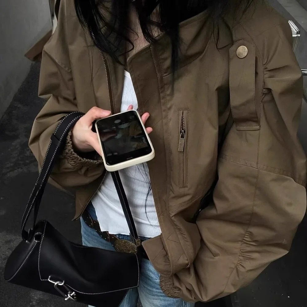 Women Solid Cargo Coats Short Jackets Stand Collar Long Sleeves Zipper Pockets Loose Fit Casual Office Lady 2026 Spring Autumn