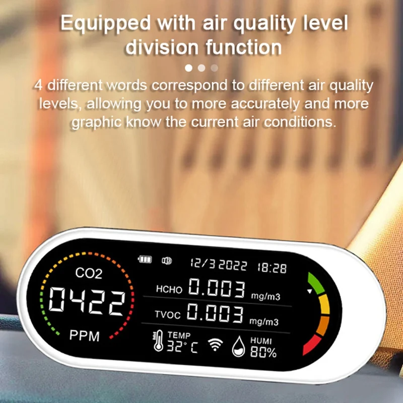 Detector de calidad del aire 5 en 1, medidor de CO2 TVOC HCHO, Monitor de calidad del aire, prueba de temperatura y humedad de dióxido de carbono