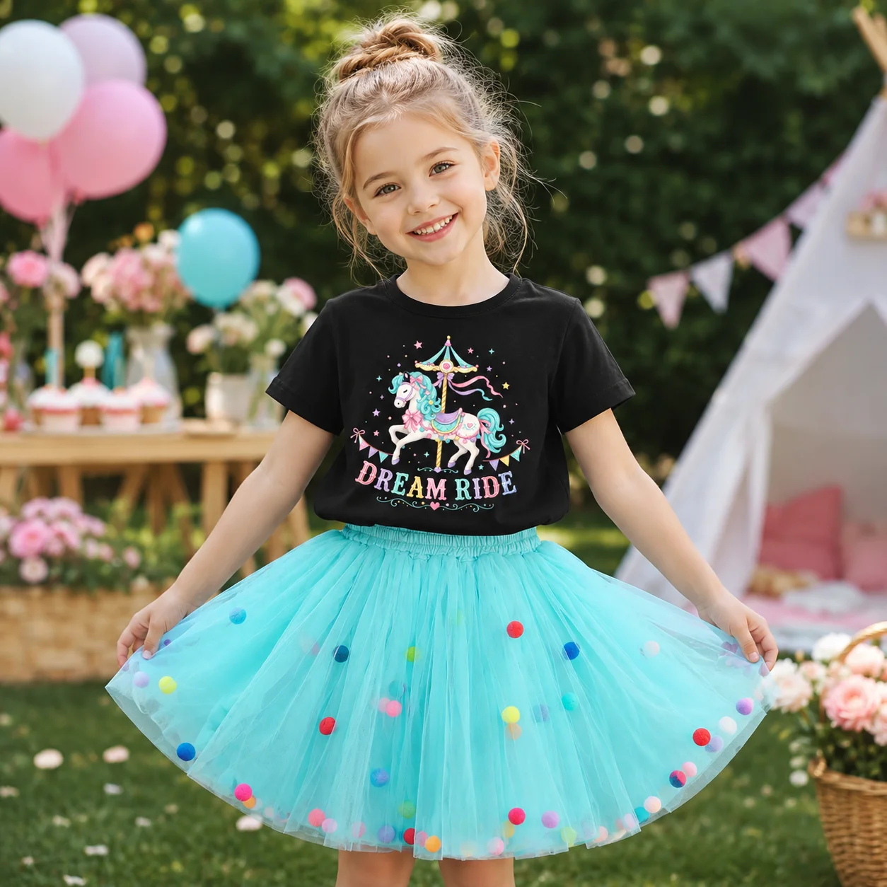 Conjunto de 2 piezas para niñas pequeñas, camiseta de manga corta con estampado de unicornio y carrusel Dream Ride, falda tutú de tul con pompones de colores, para cumpleaños infantiles