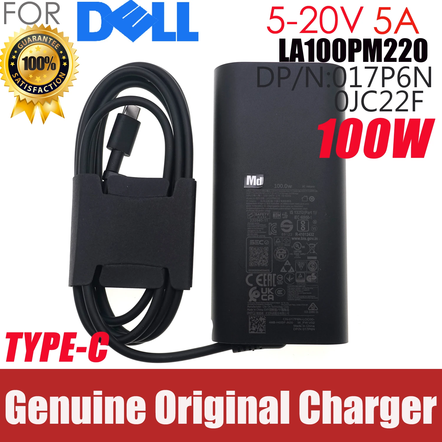 

Оригинальное зарядное устройство LA100PM220 HA100PM220 20 В 5 А 100 Вт Type C USB-C для ноутбука Dell Precision 3580 3581 5480 3480 DA100PM220