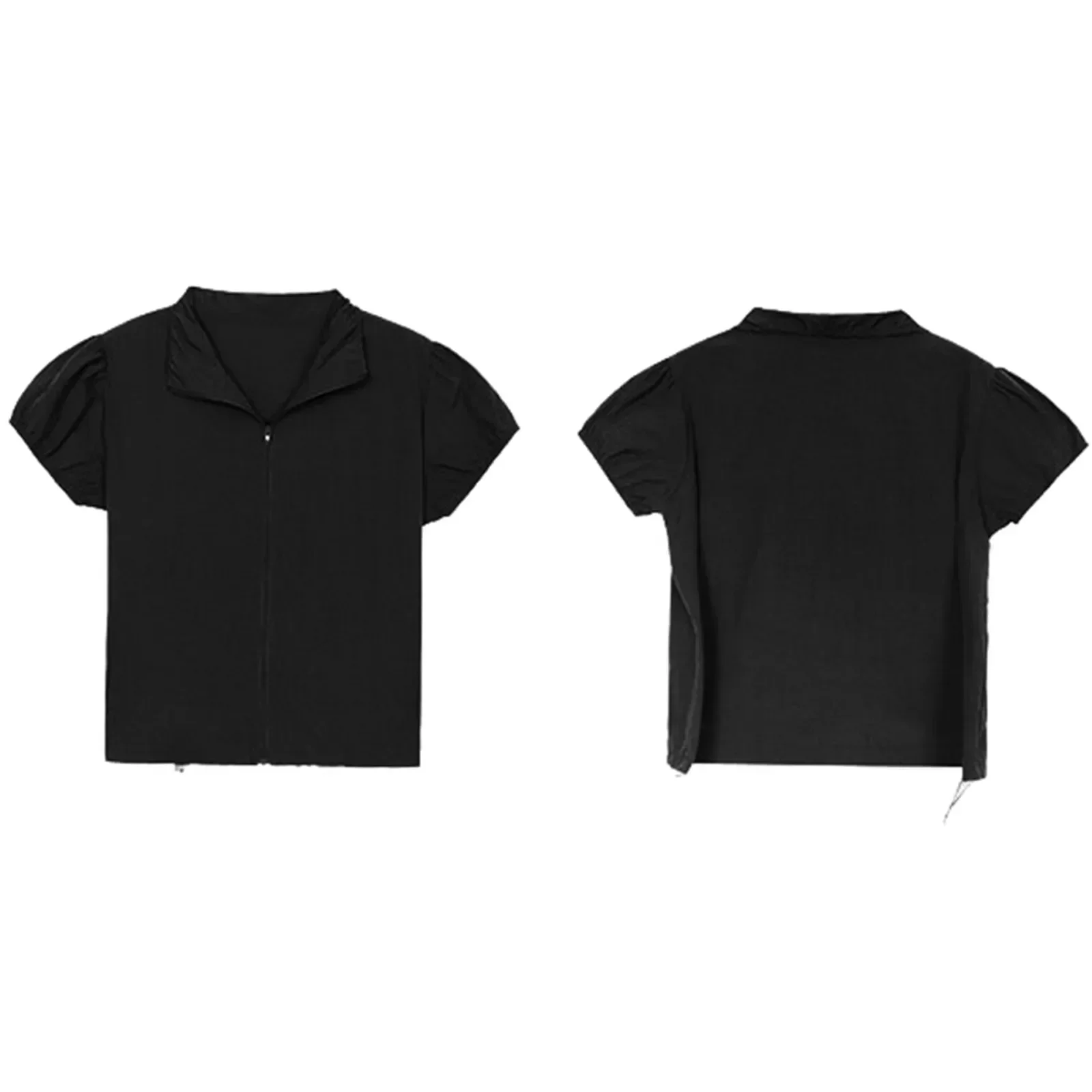 Casual Women Summer New Street Retro Top Camping Style Thin Zipper Stand Up Neck Short Sleeve Short T Shirt Linen Blouse