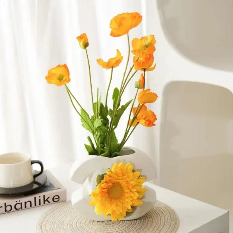 High Luxury Floral Vase Light Luxury Ceramic Vase Irregular INS Style Cream Style Nordic Home Entrance Ornaments and Decoration