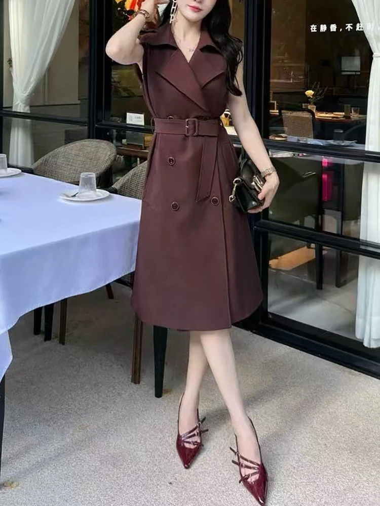 

Двубортное платье-жилет средней длины без рукавов со шнуровкой на талии в стиле ретро, осень 2022, новый стиль