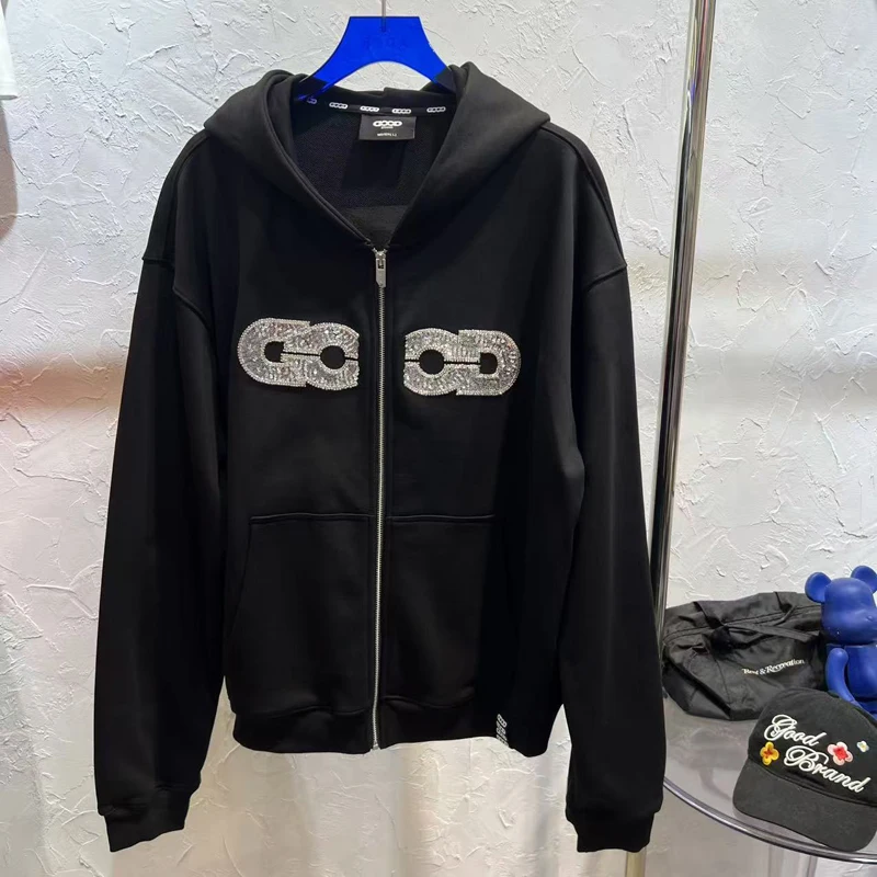 Goodbrand Hoodies American High Street Letter Map Sequins Embroidery Fashion Hooded Sweatshirts Zipper Tops Men's Clothing