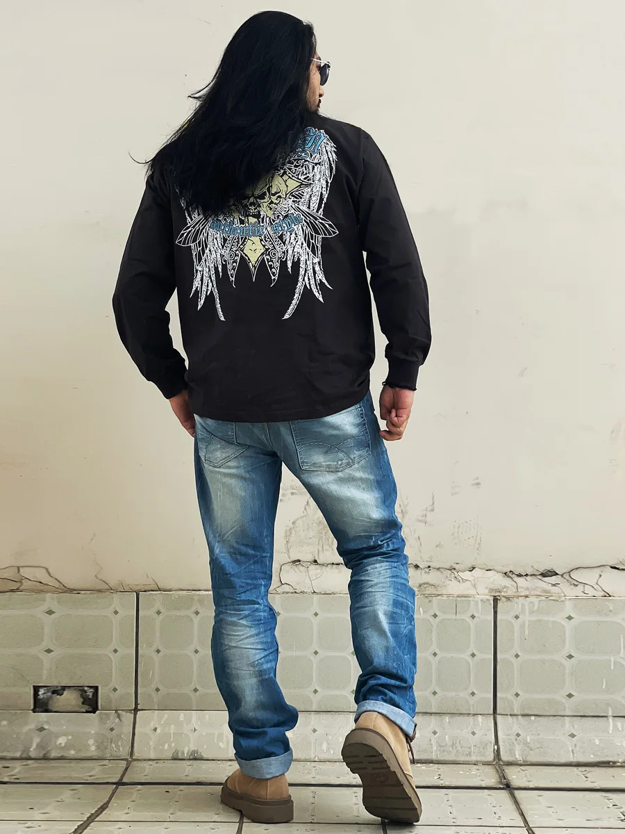 Heavyweight Moto Rock Punk Heavy Metal Print Death Core Band Hole Long Sleeve T-Shirt Men's Loose Fit Cotton Sweatshirt