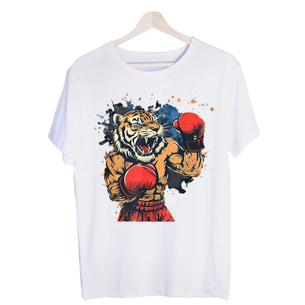 Men's Boxing Tiger Graphic Tee, Short Sleeve Crew Neck T-Shirt for Casual Streetwear and Summer Outfits