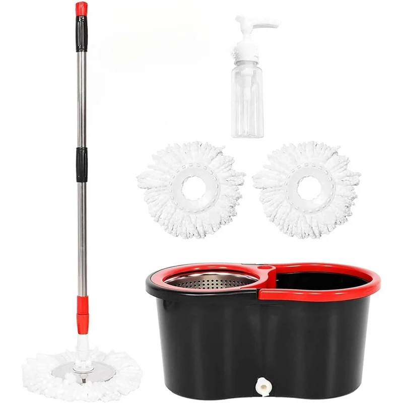360° Spin Mop Bucket Sets with Wring System in 3 Microfiber Heads, Stainless Steel Basket 1.55m Extended Handle Floor Cleaning