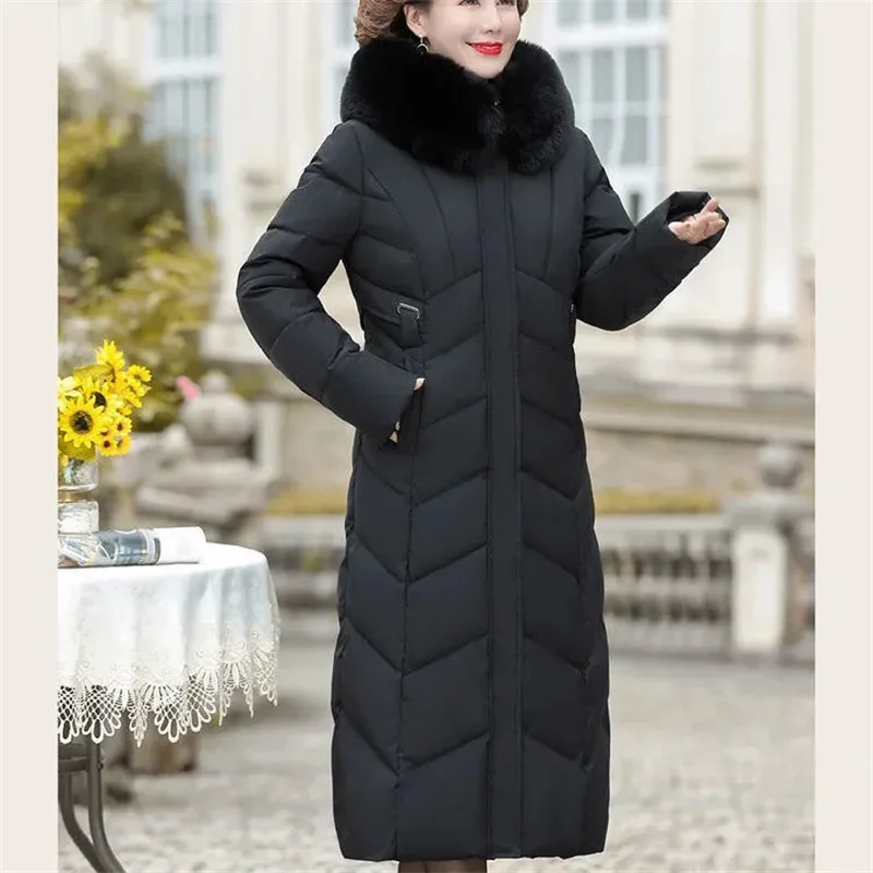 

2023 New Winter Women Jacket Long Parka Middle-aged Mother Snow Wear Coat Fur Collar Down Padded Jacket Female Hooded Outwear