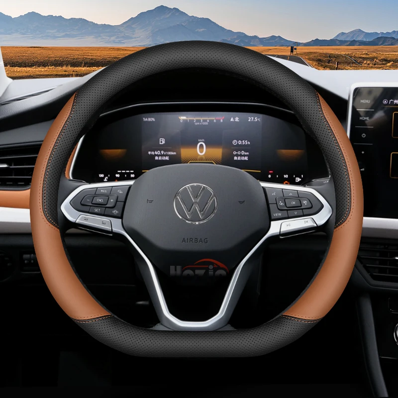 37-38cm Nappa leather two-tone stitching steering wheel cover suitable for Volkswagen Tiguan Passat B8 Atlas Arteon ouareg Jetta