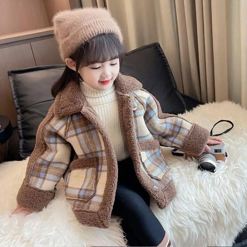

Autumn Winter Girls' Warmth Coat Lamb Fleece Tops Thicken Tops Comfortable Plaid Jacket 7 To 12 Years Old Children Clothing