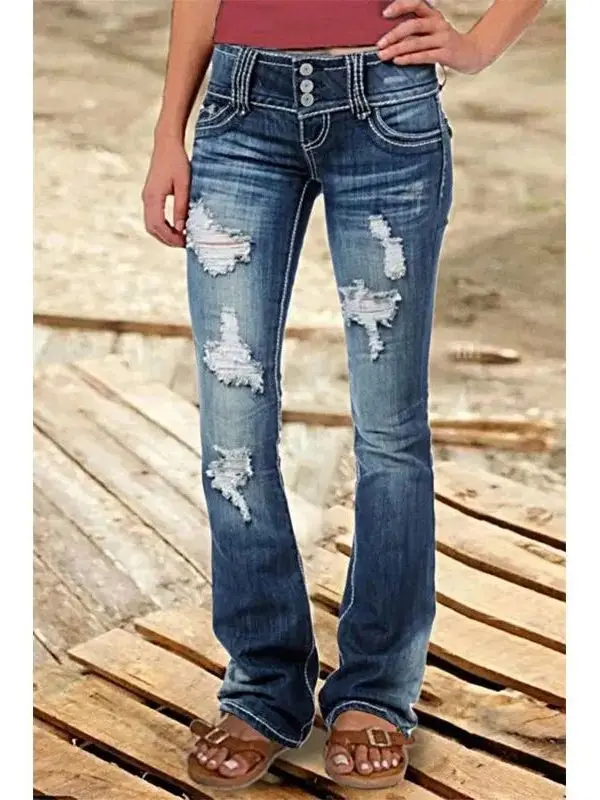 

Ретро джинсы с низкой талией и пуговицами, женские повседневные прямые брюки с рваным дизайном, удобные для ежедневной носки, из полиэфирного волокна