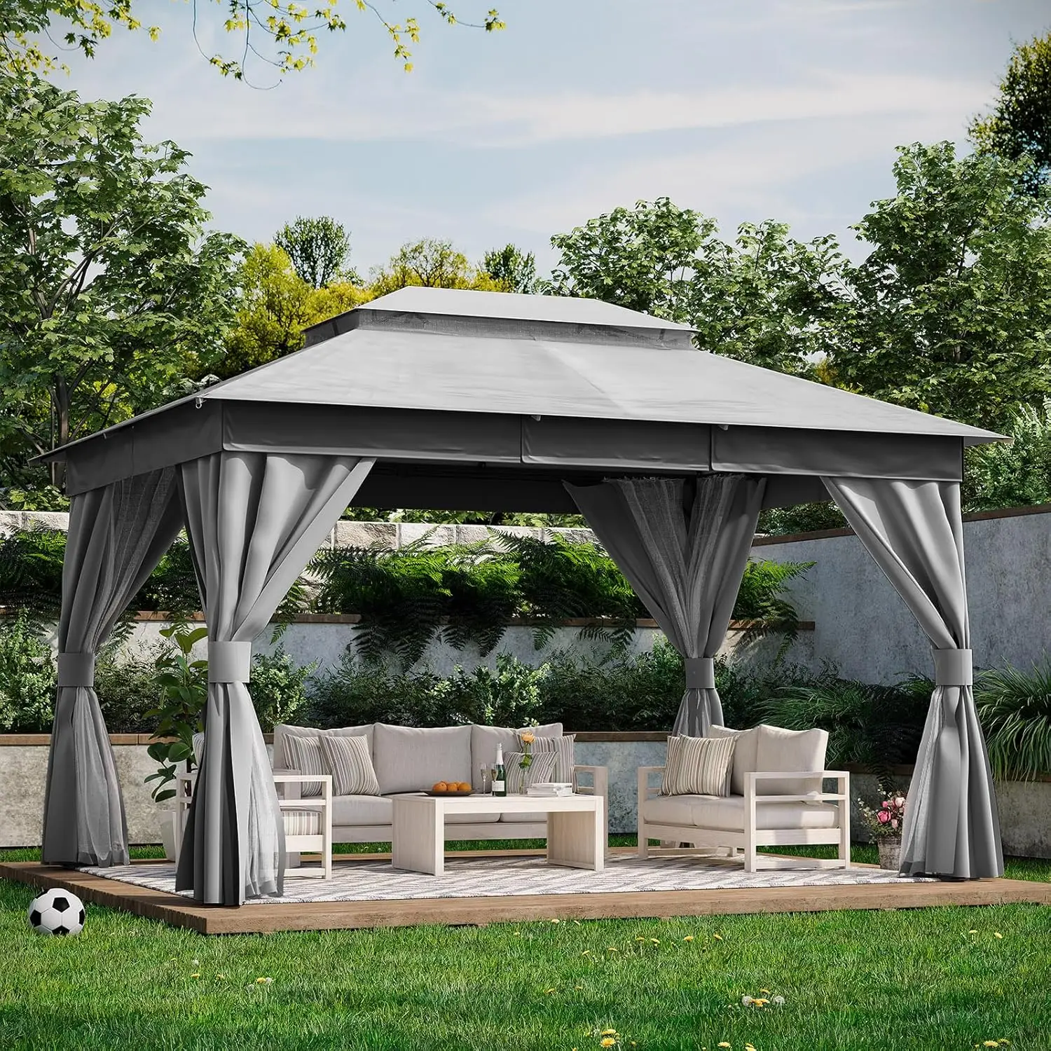 

Outdoor Patio Gazebo with Expansion Bolts Double Roof Soft top Gazebos Shelter Party Tent with Mosquito Nettings and Privacy Scr