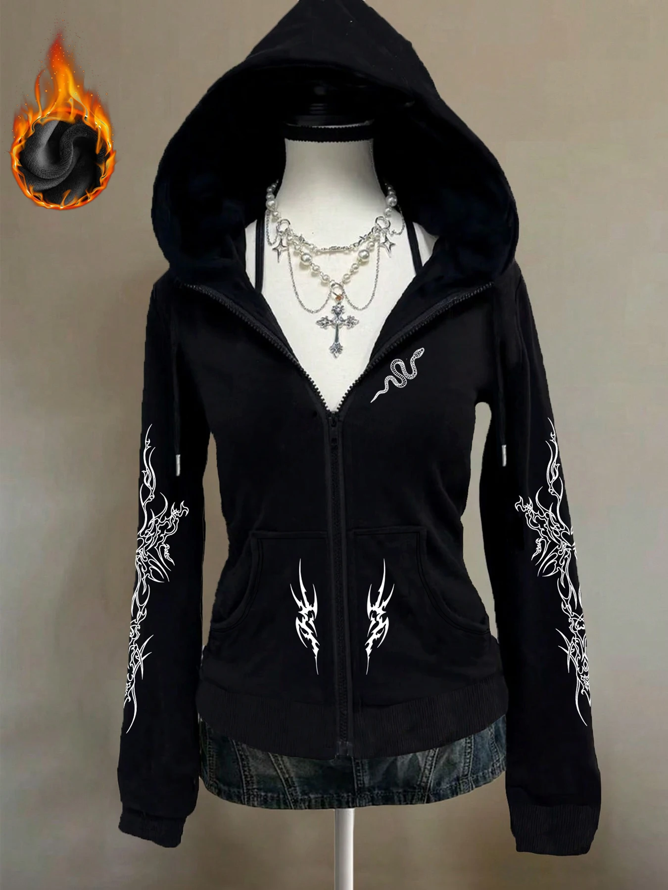 

Winter Y2k Gothic print thick heavy velvet black hooded zipper jacket slim temperament women's jacket casual lazy commuter style