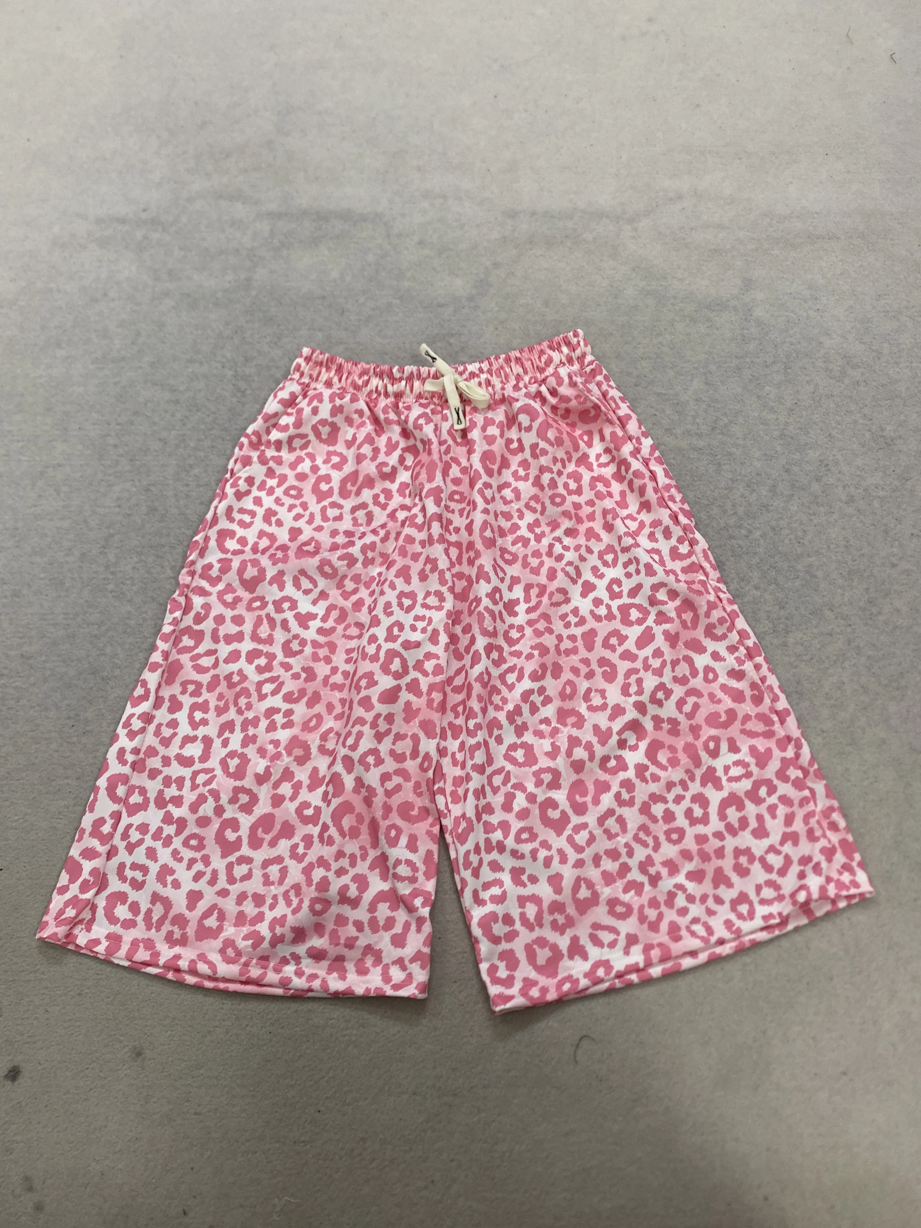 Pantalones cortos Bermuda con estampado de leopardo rosa para mujer Y2K, cintura elástica con cordón, pantalones holgados de pierna ancha informales para la playa y el hogar, pantalones de longitud media
