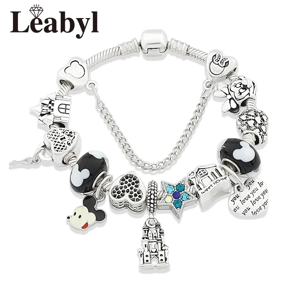 Silver Color Heart Key Castle Bead Pendant Bracelet Cartoon Mickey Minnie Charms Jewelry for Fashion Jewelry Gift