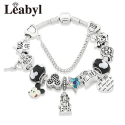 Silver Color Heart Key Castle Bead Pendant Bracelet Cartoon Mickey Minnie Charms Jewelry for Fashion Jewelry Gift