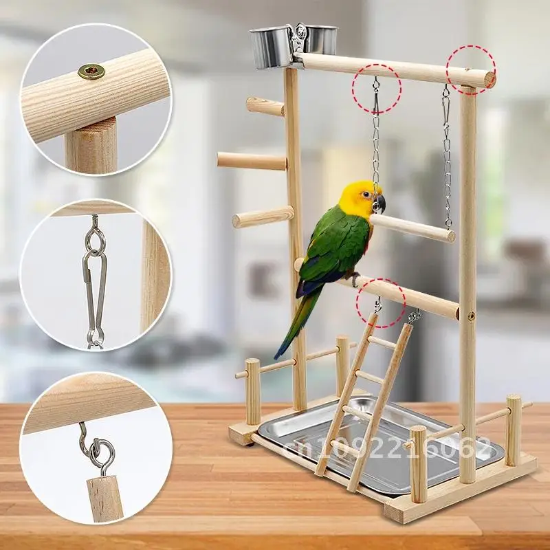 Bird Playstands With Cup Toys Tray Bird Swing Climbing Cockatiel Bridge 36*23*51cm Ladder Parrot Perches Hanging Wood Playground