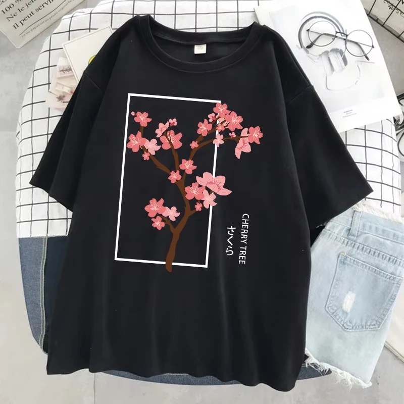 

Women's Cherry Blossom Printed T-shirt Breathable Soft Fashionable Short Sleeved Sporty Loose Fitting Streetwear Harajuku Top