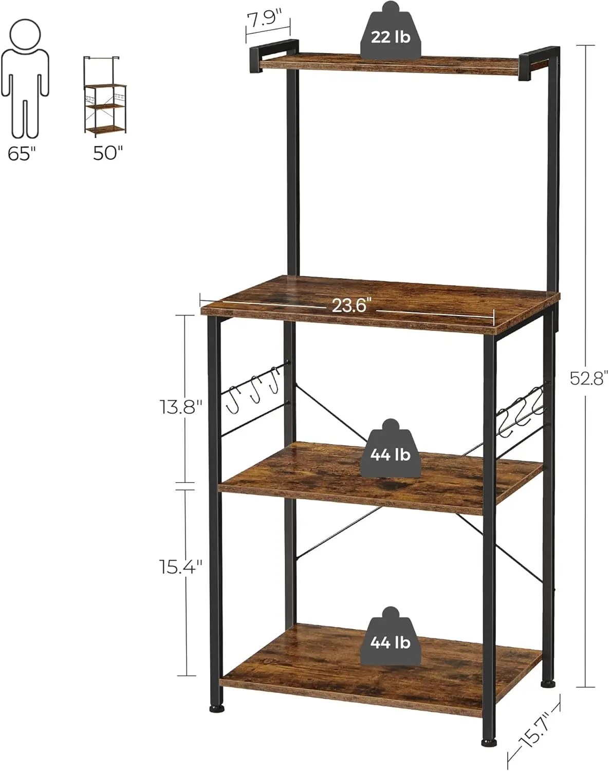 Vasagle Kitchen Storage, Bakers Rack, Coffee Bar, 3-Tier Shelf, 6 S-Hooks, For Microwave, Spice Jars, Pots And Pans,