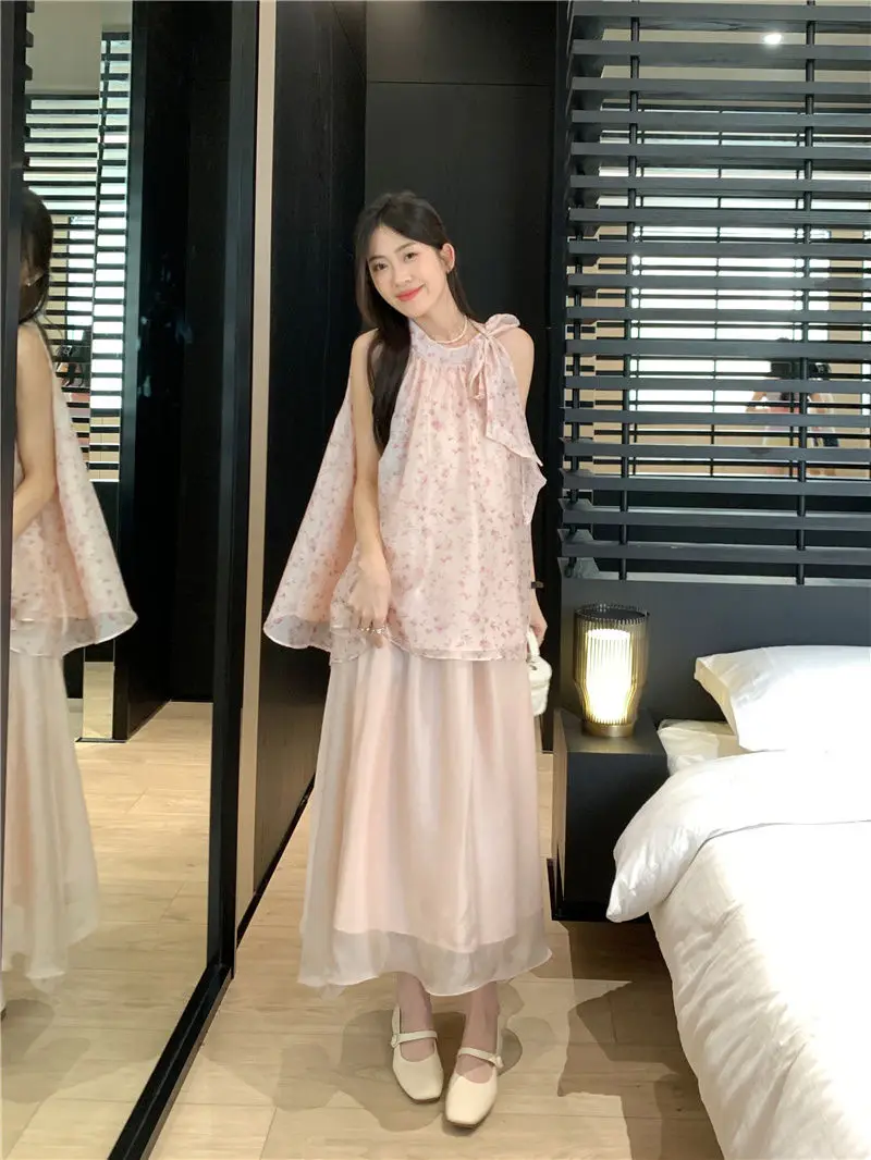 Korea Vintage Women Pink Elegant Mesh Floral Print Pleated Summer Sexy Bow Lace-Up Party Halter Boho Two Piece Set