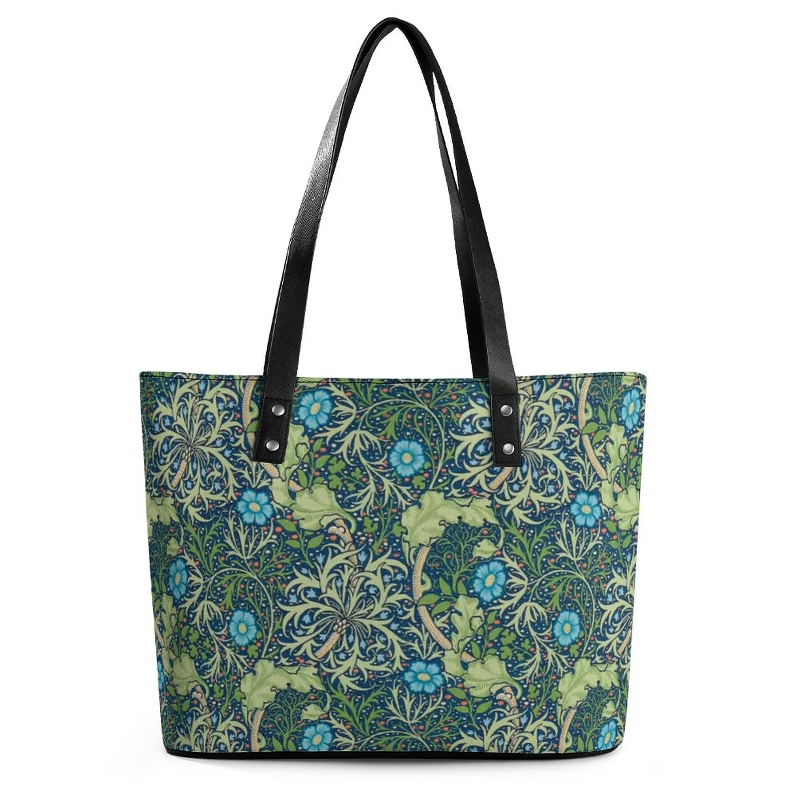 Blue Floral Print Handbags Green Leaves PU Leather Shoulder Bag Women Work Designer Tote Bag Top-Handle Cute Shopper Bags