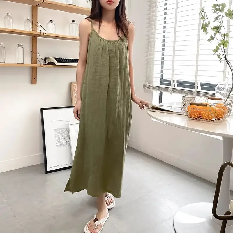 Muslin 100% Cotton Beach Style Sleeveless Dresses Casual Solid Loose V-Neck Crepe Maxi Dress Summer Travel Sundress Female Robe