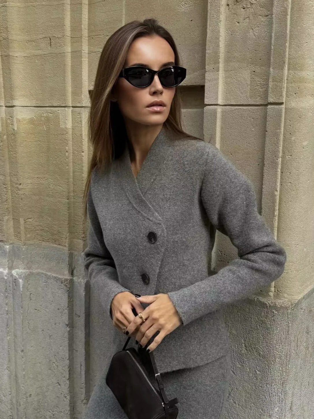

Asymmetric Knitted Sweater High Waist f Skirt Women's Faion V-ne Button Long Sve Loose Fit Sweet Sle Polyester Fiber