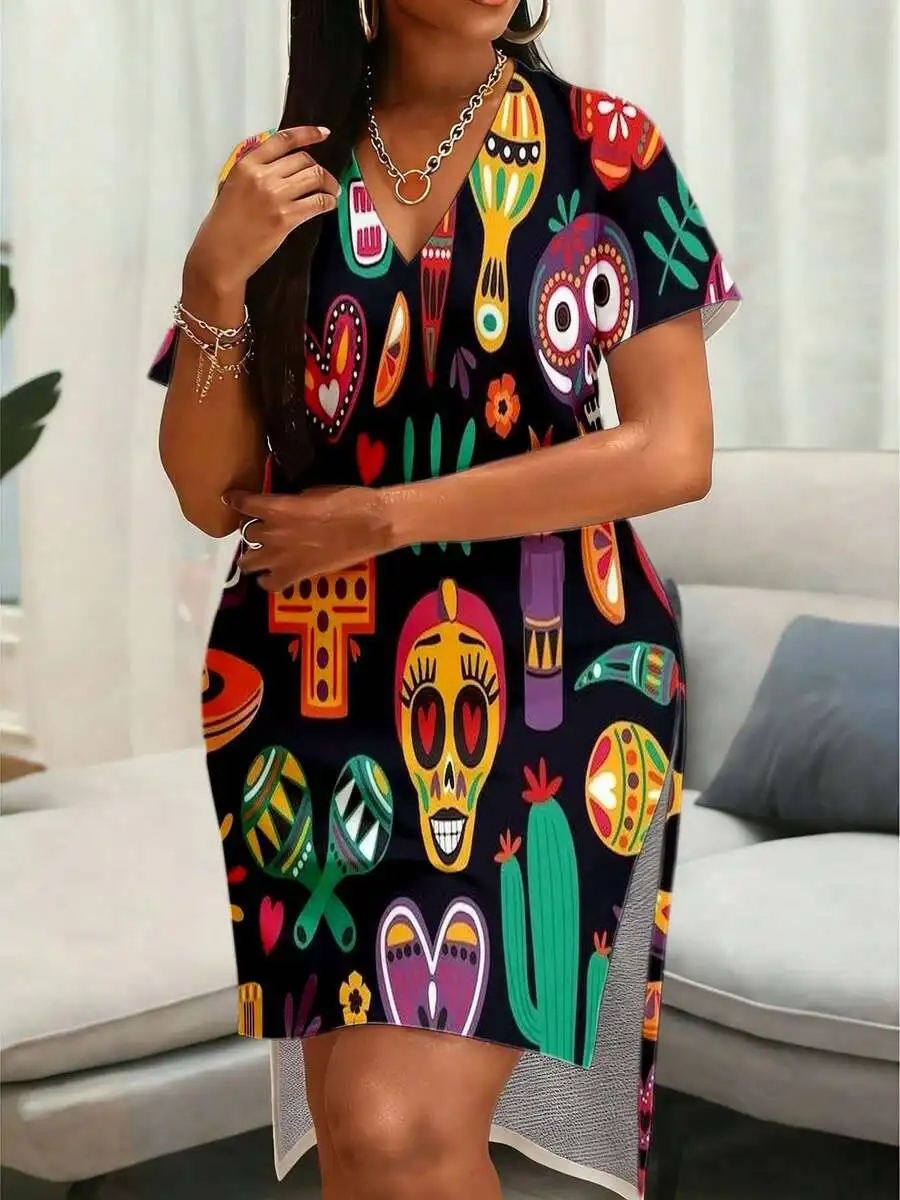 

Colorful Sugar Skull Print V Neck Short Sleeve Boho Midi Dress With Cactus Maracas Pattern Casual Summer Outfit