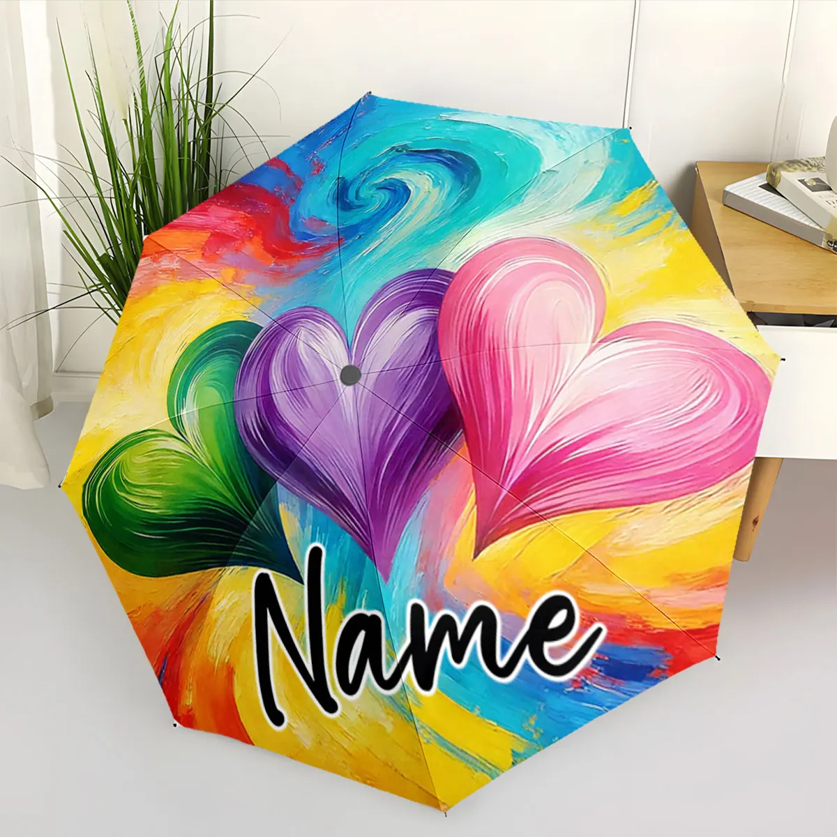 Custom Name Colorful Heart Design Umbrella with Customizable Name Print 8 Iron Ribs Folding Umbrella Auto-Open Fashion Sunshade