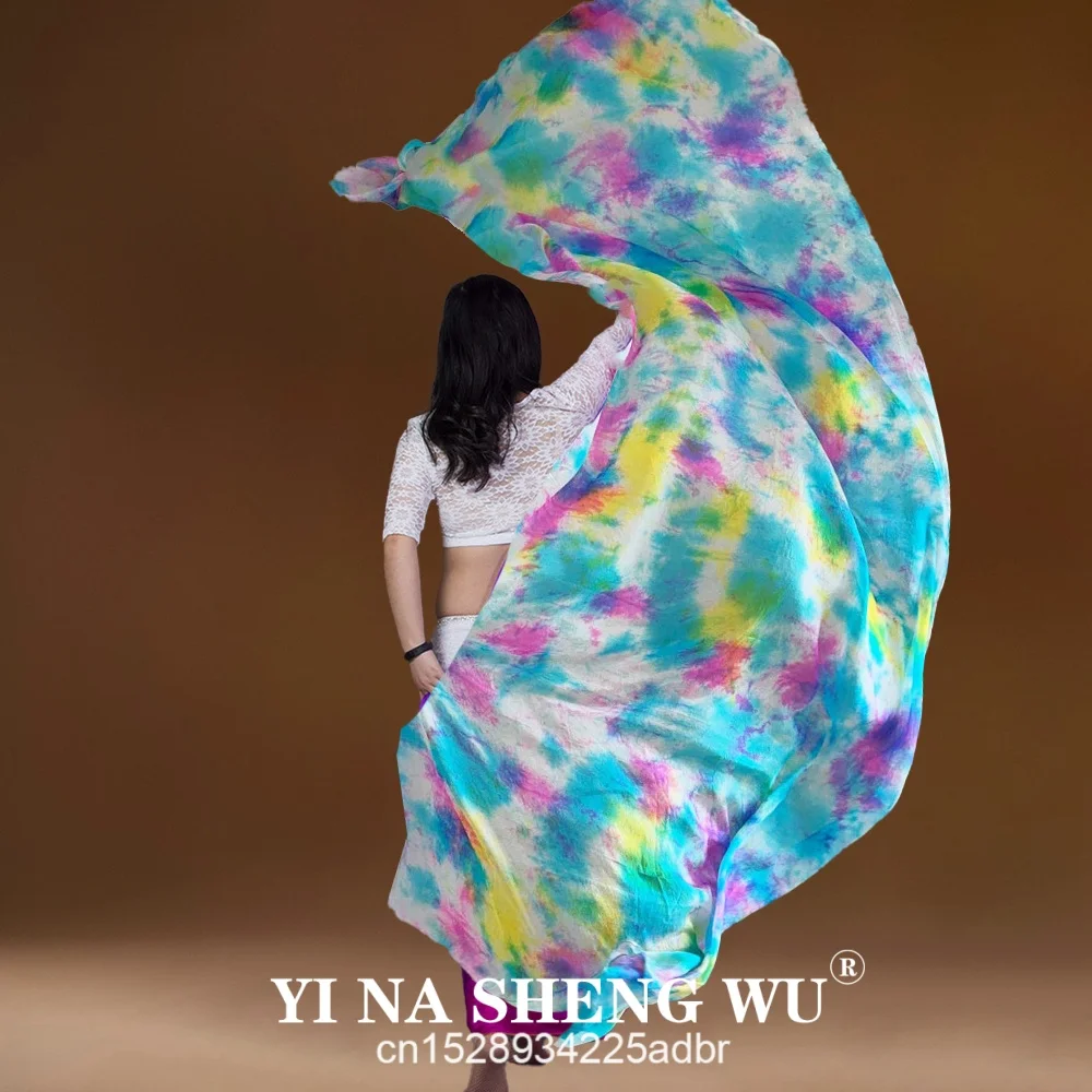 100% véu de seda real tie-dye dança do ventre véu de seda real, lenço de seda de dança do ventre oriental fluido, bordas roladas à mão