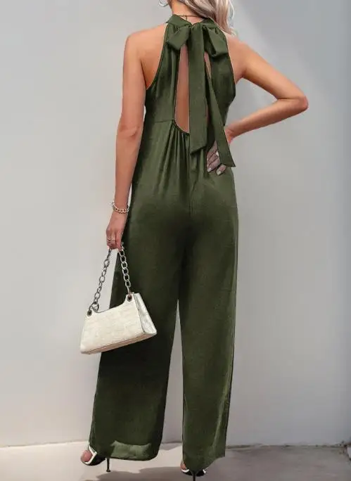 Party casual jumpsuit high neck hanging collar solid color wide leg jumpsuit summer new women's clothing