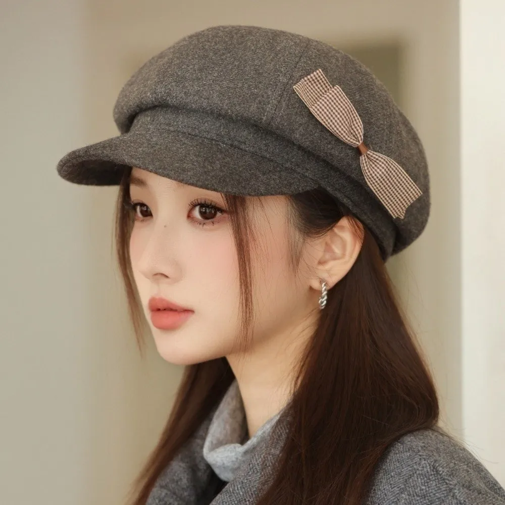 

Casual Wool Bow Beret Warm Solid Color Painter Hat Korean Style Big Head Circumference Newsboy Hat Female
