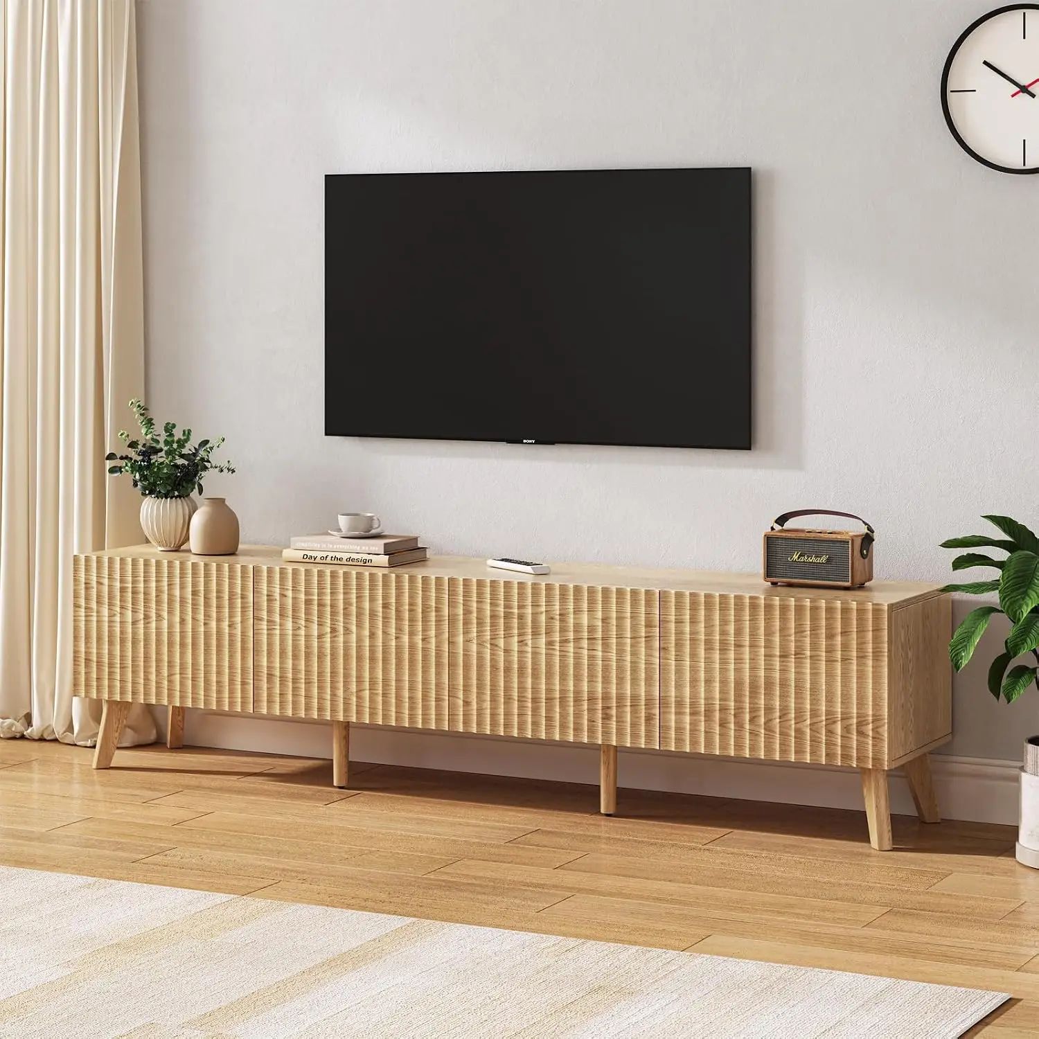 Fluted TV Stand and Coffee Table Set of 2, Rectangular, Natural, Customized