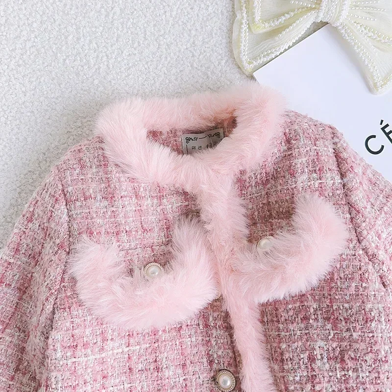 Spring Winter Girl Kids 2Pcs Tweed Clothes Sets Fashion Children Suits for 1-10Years Children\'s Cotton Padded Jacket Coat+Skirt