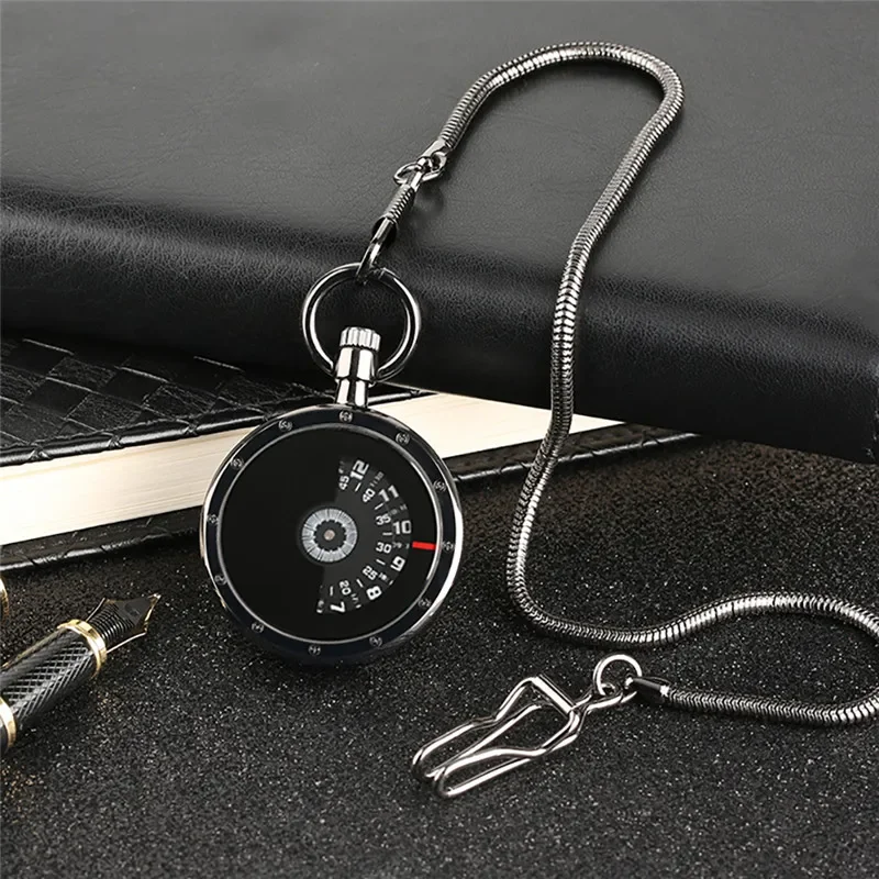 Black/silver Open Face Clock Turnable Arabic Numeral Dial Quartz Pocket Watch for Men Women with Pendant Waist Chain Collctable