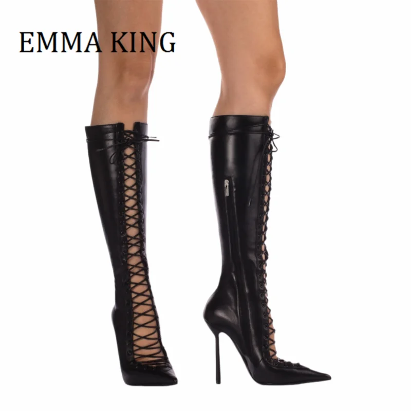 

Women Knee High Boots Sexy Pointed Toe Thin High Heels Lace-up Boot Female Gladiator Zip Shoes Nightclub Party Dress Shoes 35-43