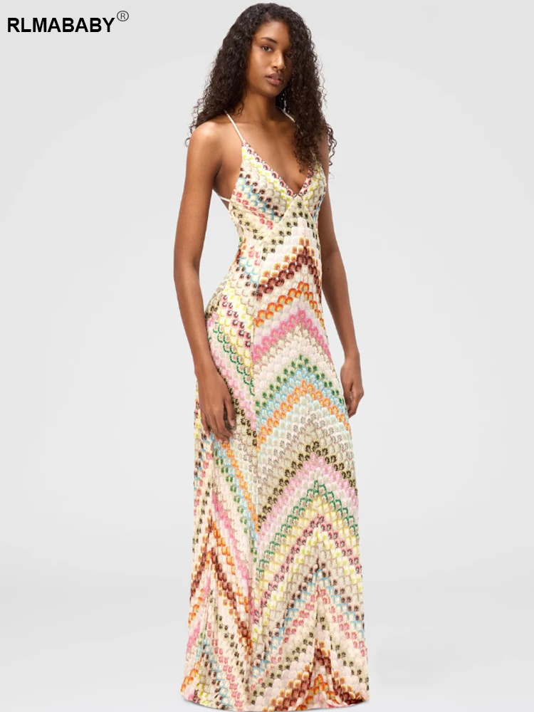 RLMABABY مثير عارية الذراعين السباغيتي حزام المرأة Bodycon فستان طويل ثوب الخامس الرقبة بلا أكمام التباين اللون البوهيمي سليم ماكسي فستان