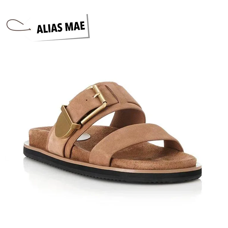 ALIAS MAE 2025 Spring New Product: Suede Solid Color Splicing Buckle Flat Bottom Women's Home and Outdoor Sandals