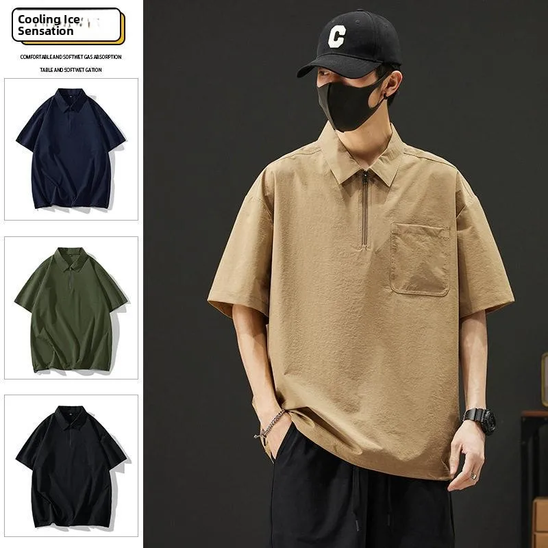 

Ice Silk Shirt Zipper Short Sleeve Turn-down Collar Casual Top Fashionable Summer Trendy Brand Loose Fit Urban Style
