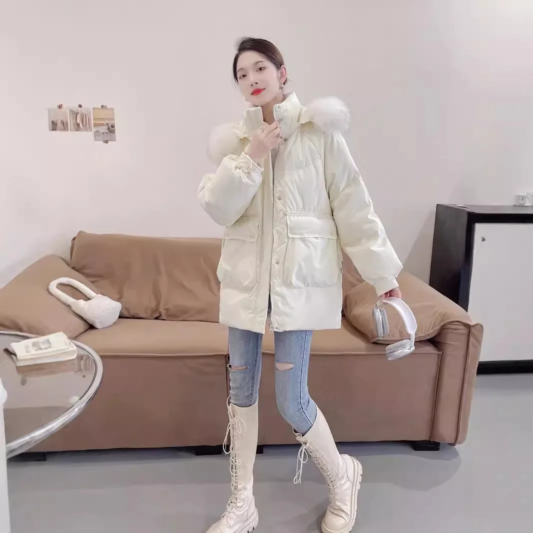 الشتاء معطف الفرو الكبير الأبيض بطة أسفل سترة المرأة متوسطة طويلة أسفل الثلوج سترة كبيرة فو الفراء معطف سميكة بطة بيضاء أسفل معطف #6