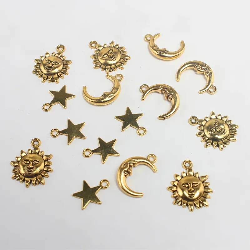 15pcs Mixed Antique Gold Color Sun Moon Star Alloy pendant DIY Charms Bracelet Earrings Jewelry Carfts Making M2200