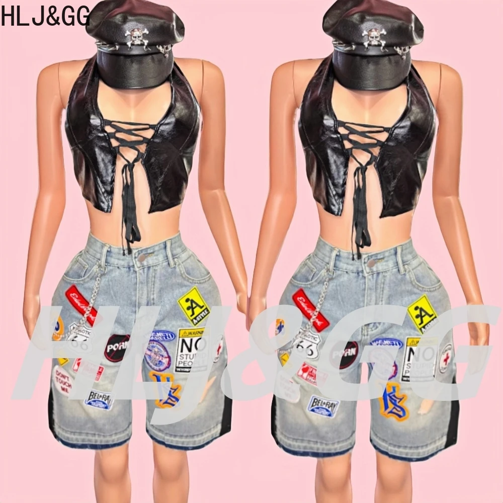

HLJ&GG Sexy Halter Leather Bandage Two Piece Sets Women Backless Slim Crop Top And Denim Embroidery Shorts Outfit Y2K Streetwear