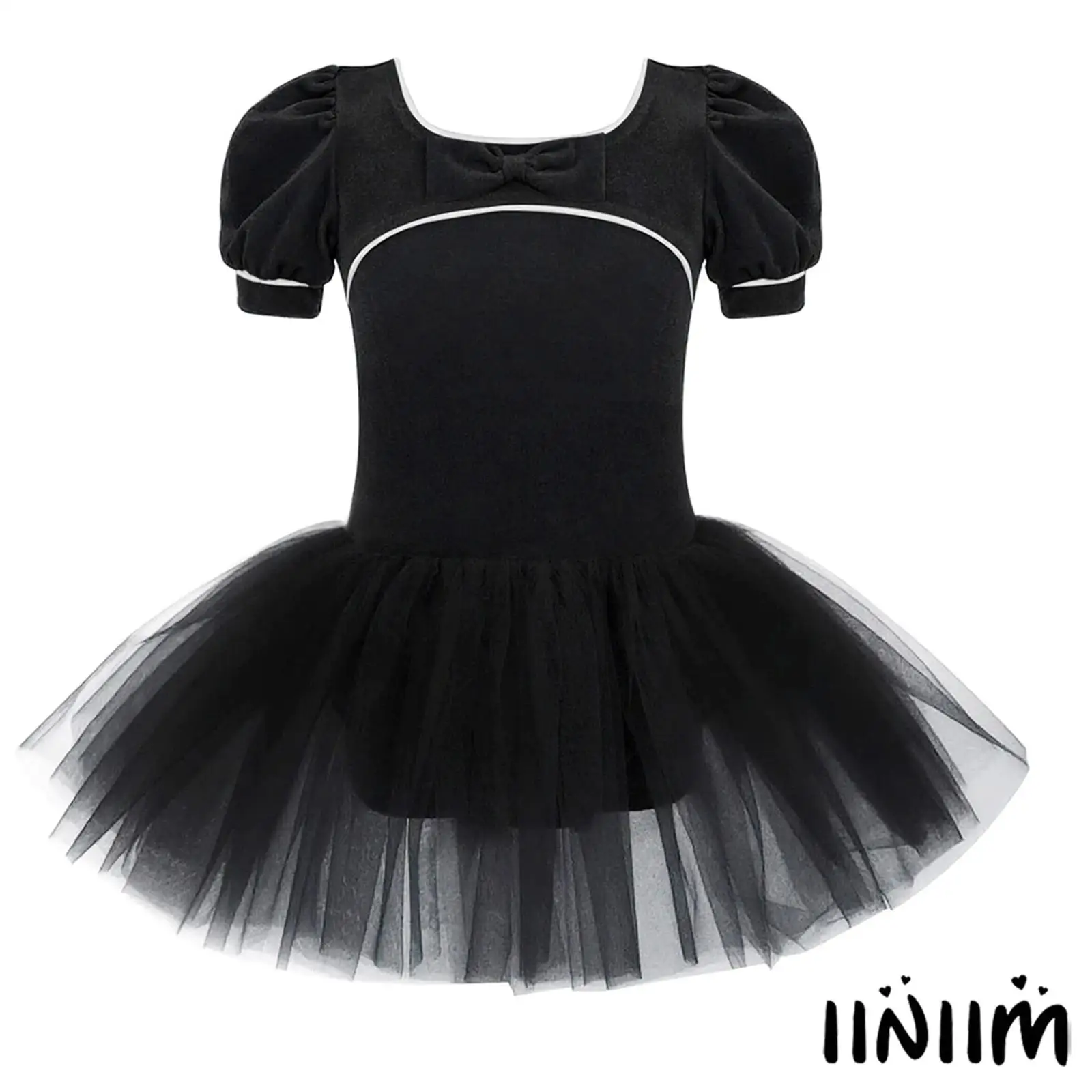 

Kids Girls Ballet Dance Dresses Bow Short Puff Sleeves Velvet Tulle Dress Figure Skating Performance Outfit for Dance Stage Show